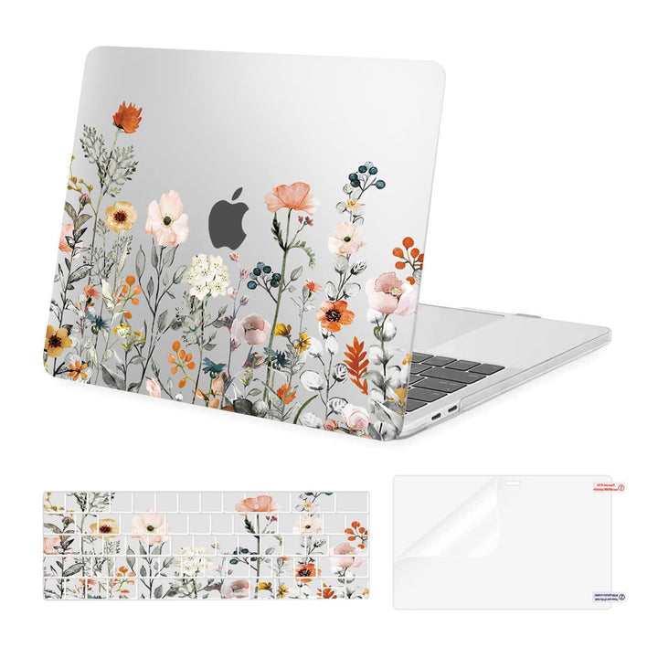 Compatible with MacBook Pro 13 inch Case 2024, 20223, 2022-2016 M2 M1 A2338 A2251 A2289 A2159 A1989 A1708 A1706, Plastic Garden Flowers Hard Case&Keyboard Cover&Screen Protector, Transparent
