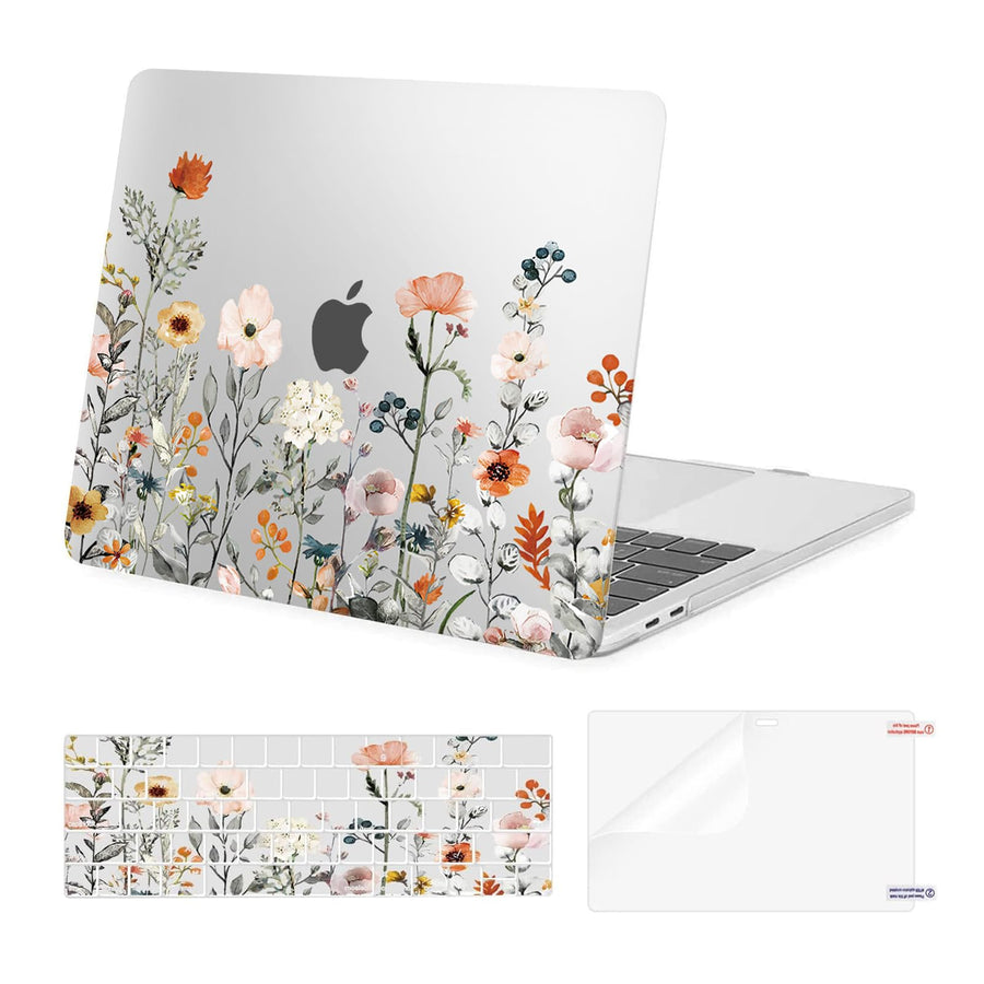 Compatible with MacBook Pro 13 inch Case 2024, 20223, 2022-2016 M2 M1 A2338 A2251 A2289 A2159 A1989 A1708 A1706, Plastic Garden Flowers Hard Case&Keyboard Cover&Screen Protector, Transparent