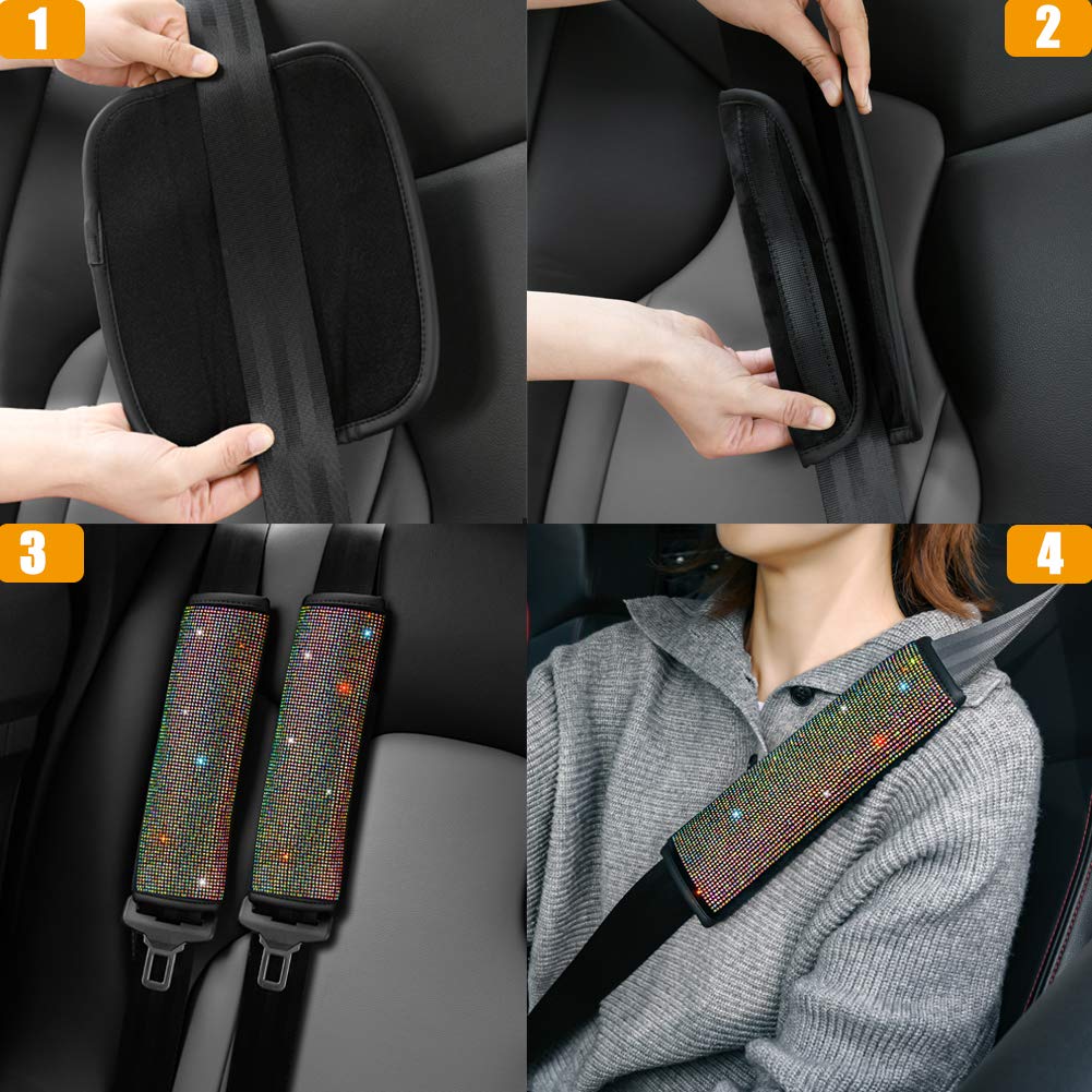 Universal Velvet Seat Belt Shoulder Pads with Bling Rhinestones Car Seat Belt Cover,Crystal Handbrake Cover, Bling Ring Set 4 Pack Set