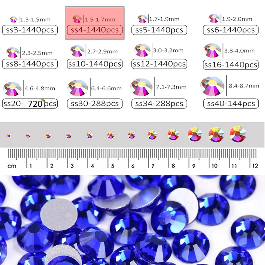 1440 Pieces SS4 Flatback Rhinestones, 1.5MM Flatback Nail Crystal Rhinestones for Craft Nails Dance Costumes, Non Hotfix Rhinestones (SS4 / 1.5MM, Blue/Sapphire)