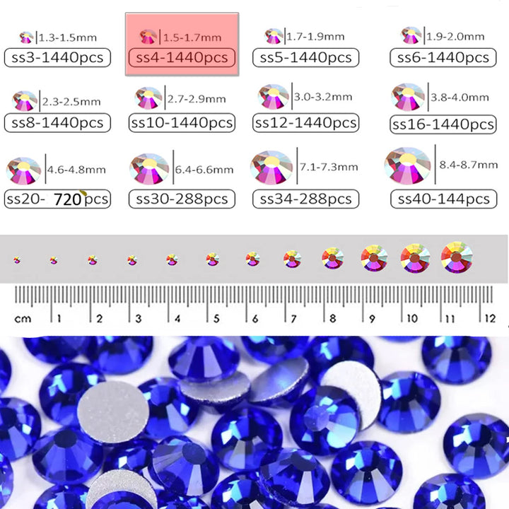 1440 Pieces SS4 Flatback Rhinestones, 1.5MM Flatback Nail Crystal Rhinestones for Craft Nails Dance Costumes, Non Hotfix Rhinestones (SS4 / 1.5MM, Blue/Sapphire)