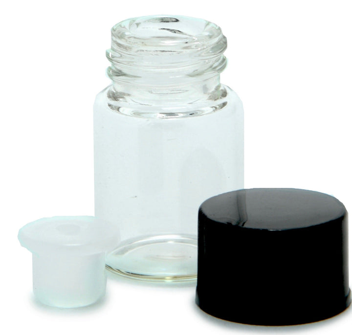 , 24, Clear, 2 ml (5/8 Dram) Glass Bottles, with Orifice Reducers and Black Caps