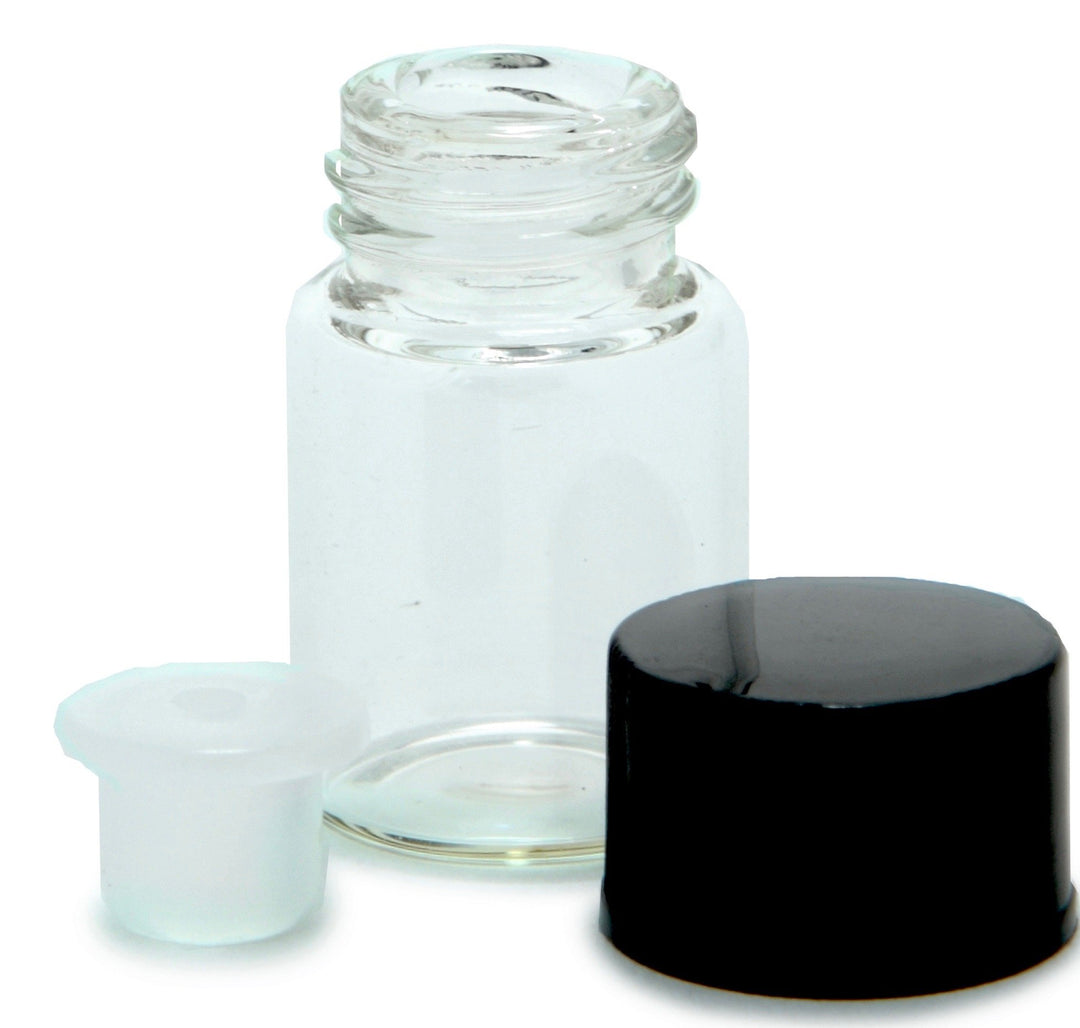 , 24, Clear, 1 ml (1/4 Dram) Glass Bottles, with Orifice Reducers and Black Caps