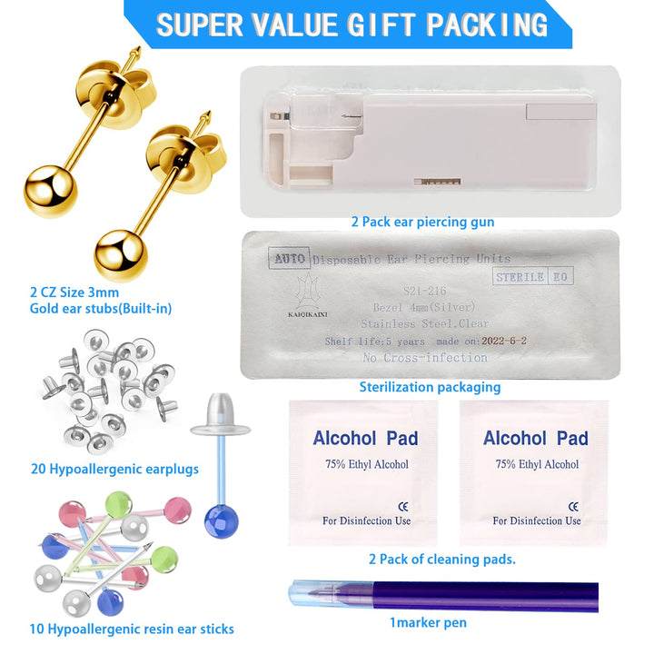 2PCS Ear Nail Gun Disposable Aseptic Household Ear Piercing Gun Portable Ear Piercing Gun Group Ear Piercing Tools 3MM Gold