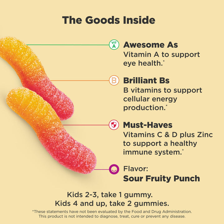 Kids Multivitamin Gummy Worms, Overall Health and Immune Support, Vitamins and Minerals A, C, D, E, Bs and Zinc, Chewable Supplement, Sour Fruit Punch, 45 Day Supply (70 Count)
