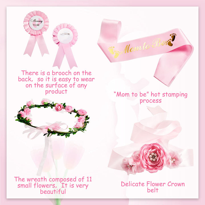 5 Pcs Baby Shower Maternity Sash Kit Shoulder Sash and Pin Daddy Corsages Flower Crown Pregnancy Sash Rose Wreath Headdress for Baby Shower Pregnancy Parents Prop Present Party Favor(Pink)