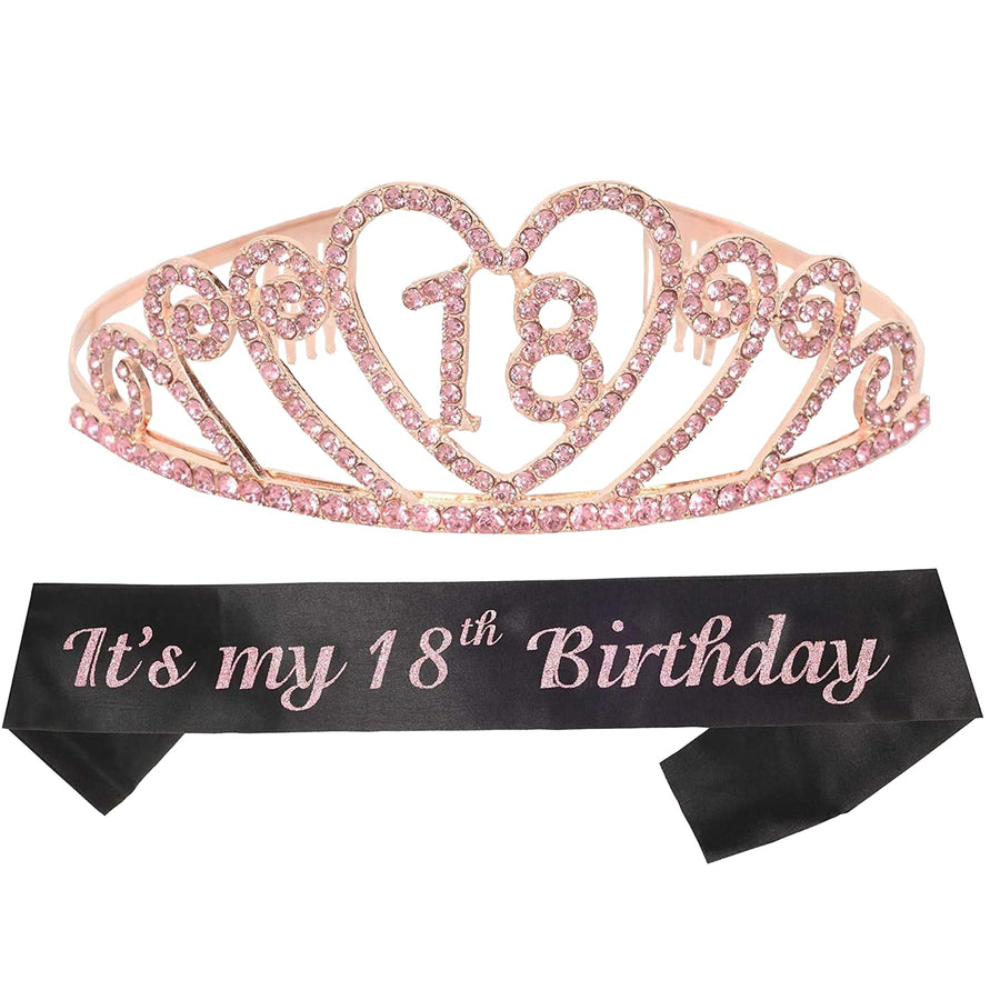 18th Birthday Sash and Tiara for Women - Fabulous Set: Glitter Sash + Gravity Rhinestone Pink Premium Metal Tiara, 18th Birthday Gifts for Women Party