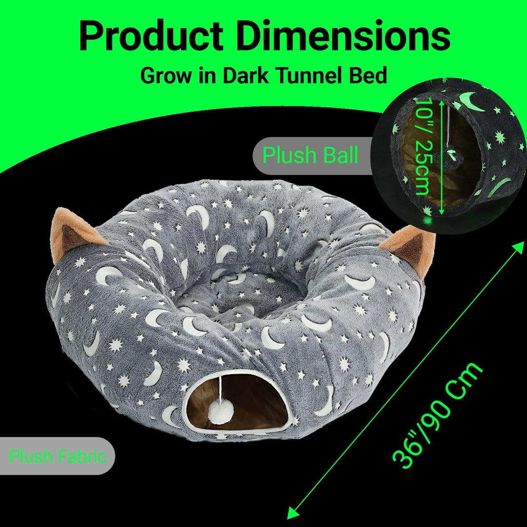 Cat Tunnel Bed Tube with Cushion and Plush Ball Toy Playground Crinkle Collapsible Self-Luminous Flannel Fabric 3FT for Large Cats Kittens Kitty Small Animals Puppy Grey Moon Star