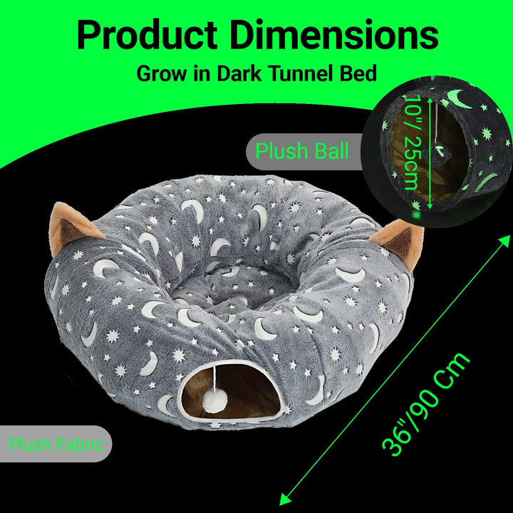 Cat Tunnel Bed Tube with Cushion and Plush Ball Toy Playground Crinkle Collapsible Self-Luminous Flannel Fabric 3FT for Large Cats Kittens Kitty Small Animals Puppy Grey Moon Star