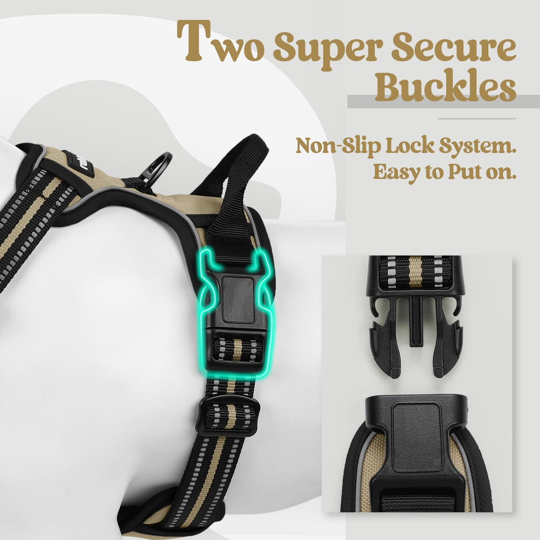 Dog Harness No Pull with 2 Leash Clips, Adjustable Soft Padded, Reflective Oxford No Choke Pet Vest with Easy Control Handle for Large Dogs, Beige, L