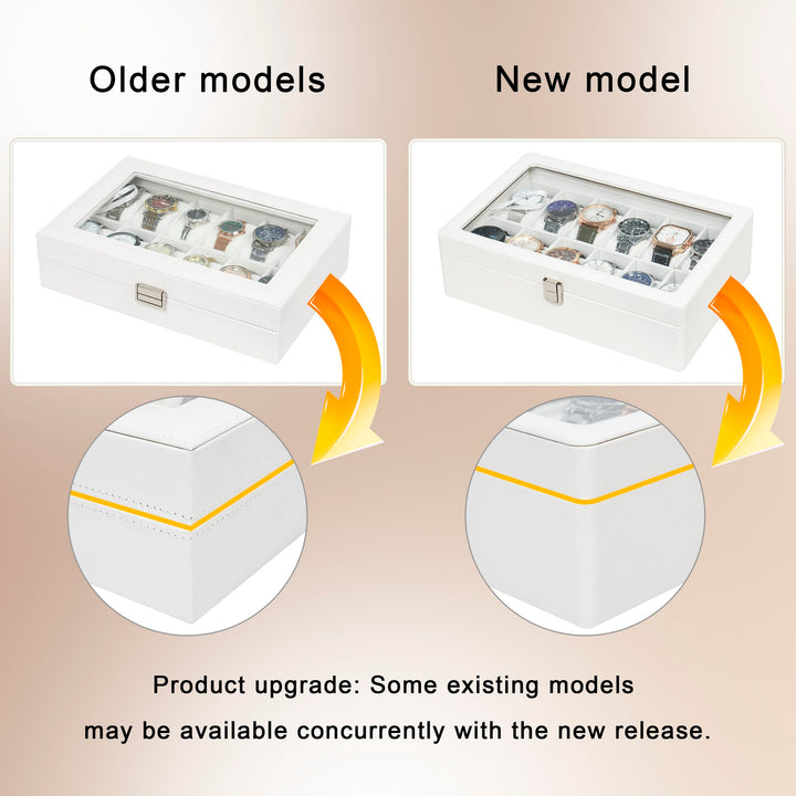 Watch Box, 12 Slot Watch Case with Large Real Glass Lid, Watch Organizer with Removable Watch Pillow, White Synthetic Leather Watch Display, White