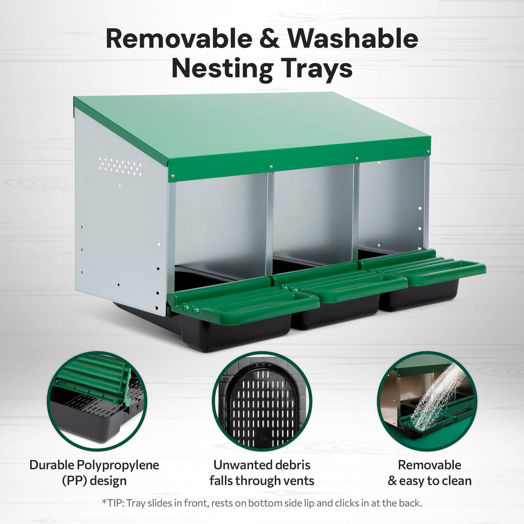 3 Compartment, Forward Rollout & Rollaway, Hen & Chicken Nesting Box with Integrated Perch and Protective Egg Laying Collection Lids