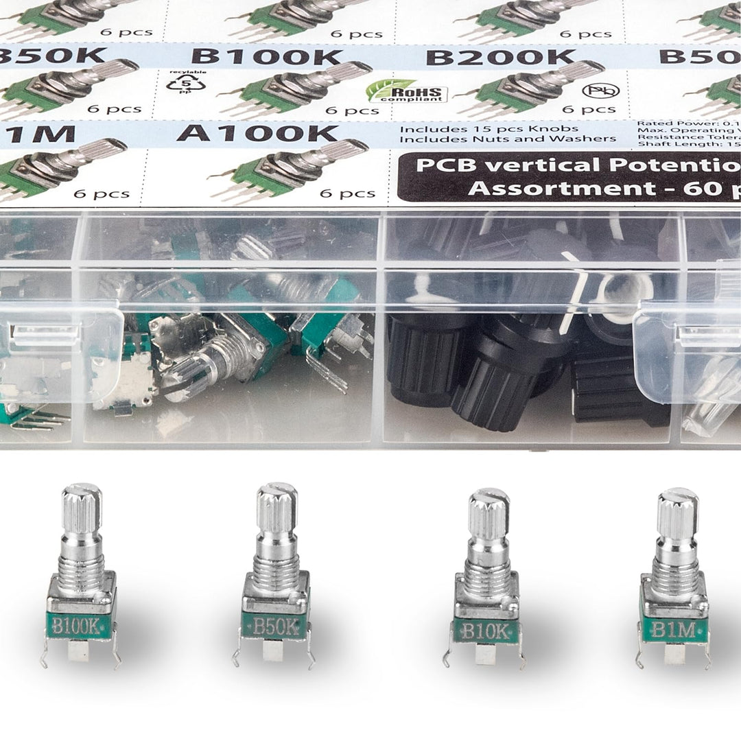 60 pcs Small 9mm onboard PCB Potentiometer Assortment 10 Values, B1K, B5K, B10K, B20K, B50K, B100K, B200K, B500K, B1M and A100K, Vertical Legs Terminal, 15mm axis, RV097 SMD