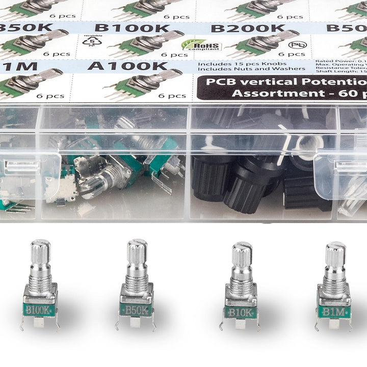 60 pcs Small 9mm onboard PCB Potentiometer Assortment 10 Values, B1K, B5K, B10K, B20K, B50K, B100K, B200K, B500K, B1M and A100K, Vertical Legs Terminal, 15mm axis, RV097 SMD