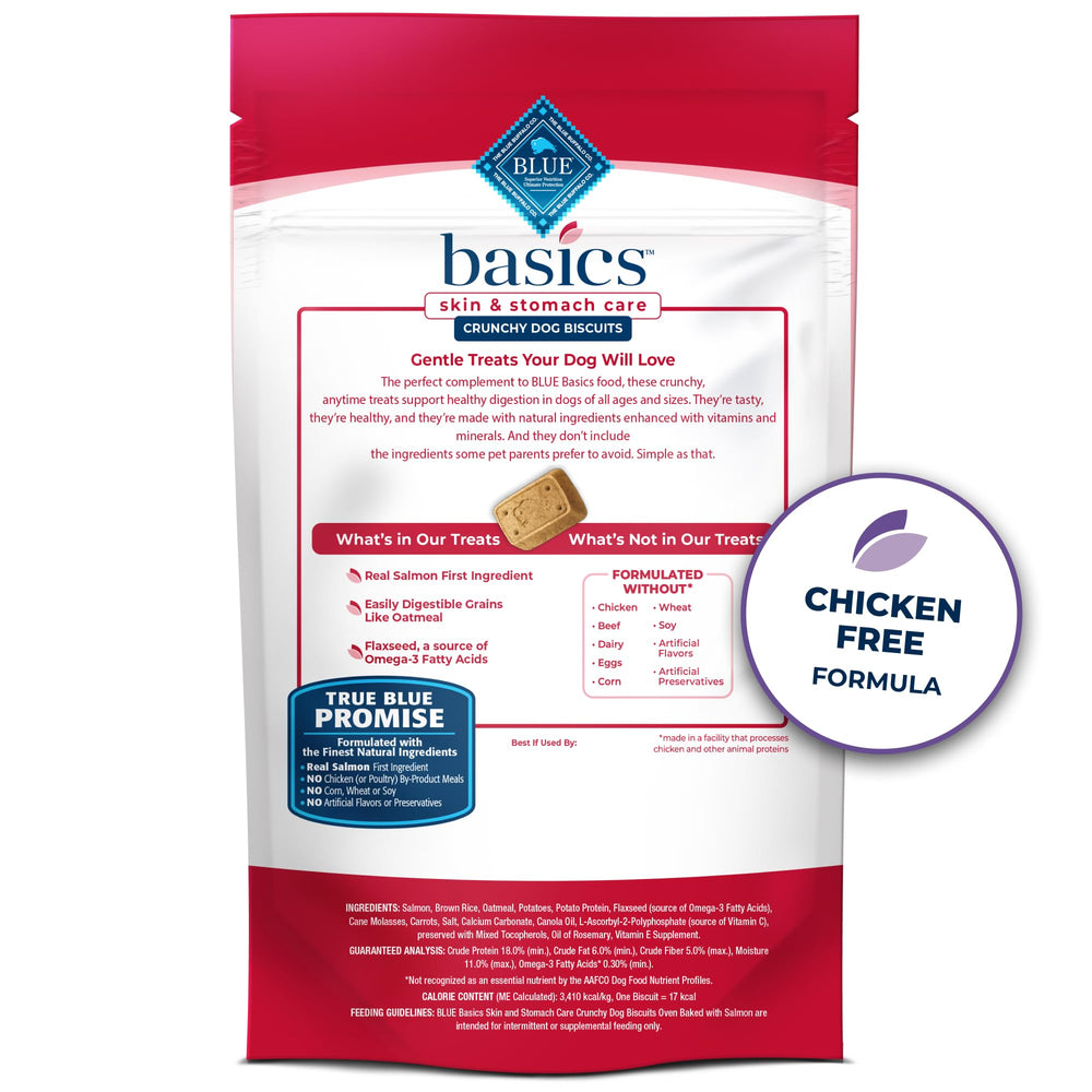Basics Crunchy Dog Biscuits for Skin & Stomach Care, Limited Ingredient Diet Dog Treats, Salmon & Potato Recipe, 6-oz. Bag