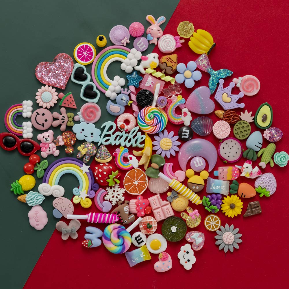Not for croc,100pcs Slime Charms,Plastic Flatback Charms and Containers Mixed Candy Cake Sweets Resin Cabochons for DIY Crafts, Scrapbooking, Jewelry Making(mix)