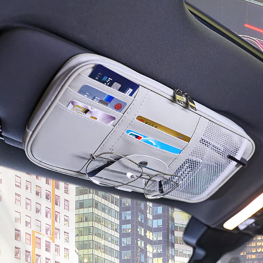 Car Sun Visor Organizer,Car Truck Storage Pouch Holder with Multi-Pocket Zipper Net,Auto Car Interior Accessories Pocket Organizer (Gray)
