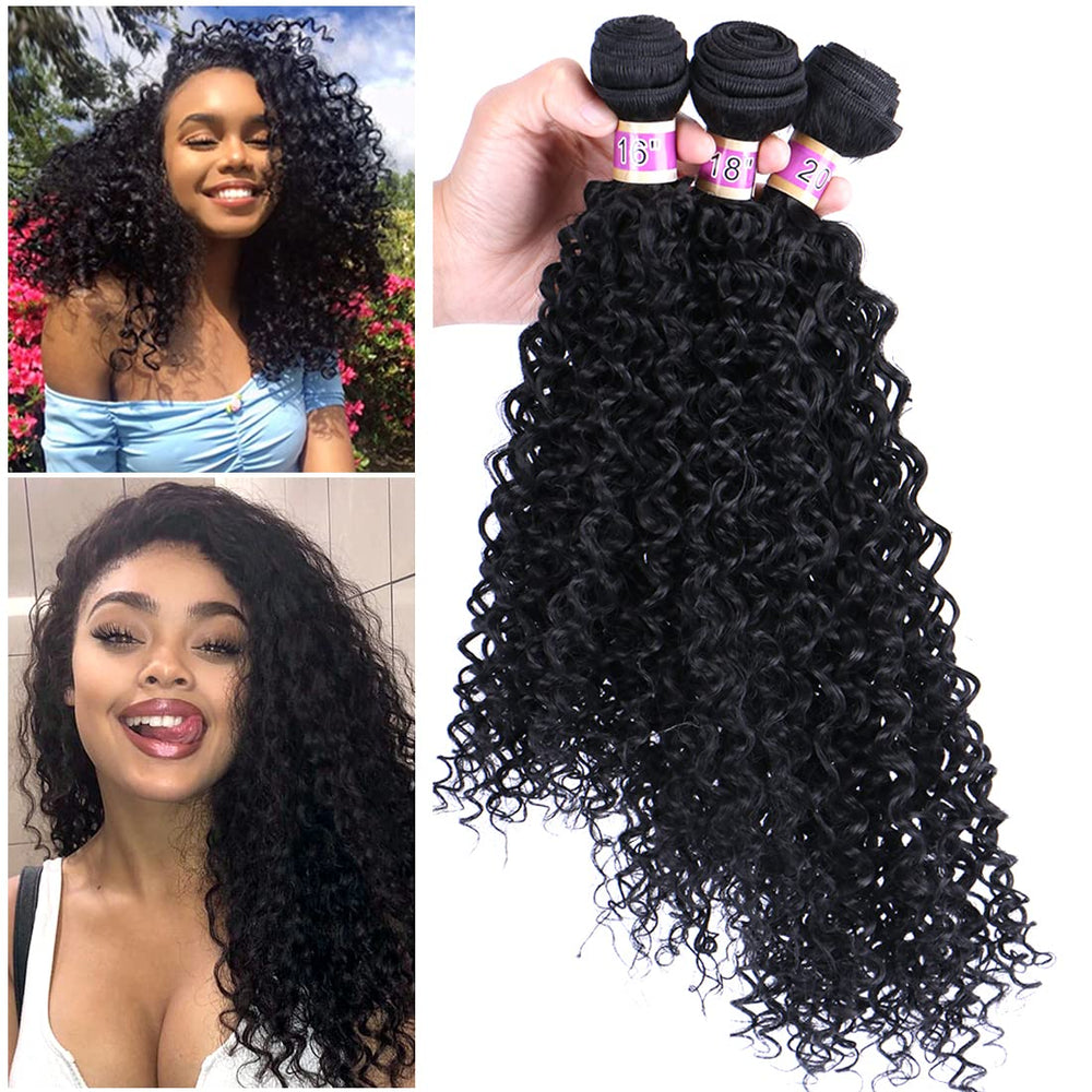Kinky Curly Synthetic Hair Weave 3 Bundles 16 18 20 Inches Black Synthetic Hair Weft Extensions High Temperature Heat Resistant Fiber
