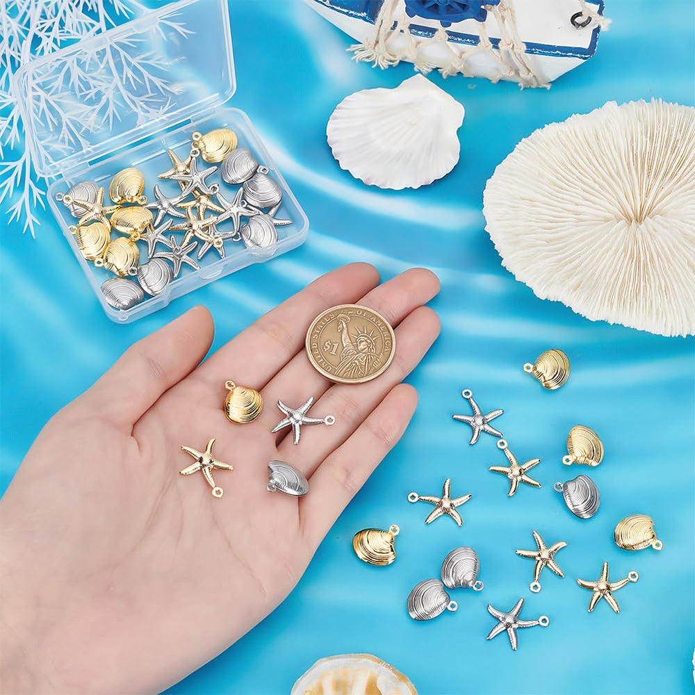 4 Styles Starfish Shell Charms, 40pcs Sea Scallop Metal Charms Pendants Ocean Seashell Dangle Charms Beads for Beach Summer Hawaii Earring Necklace Bracelet Jewelry Making