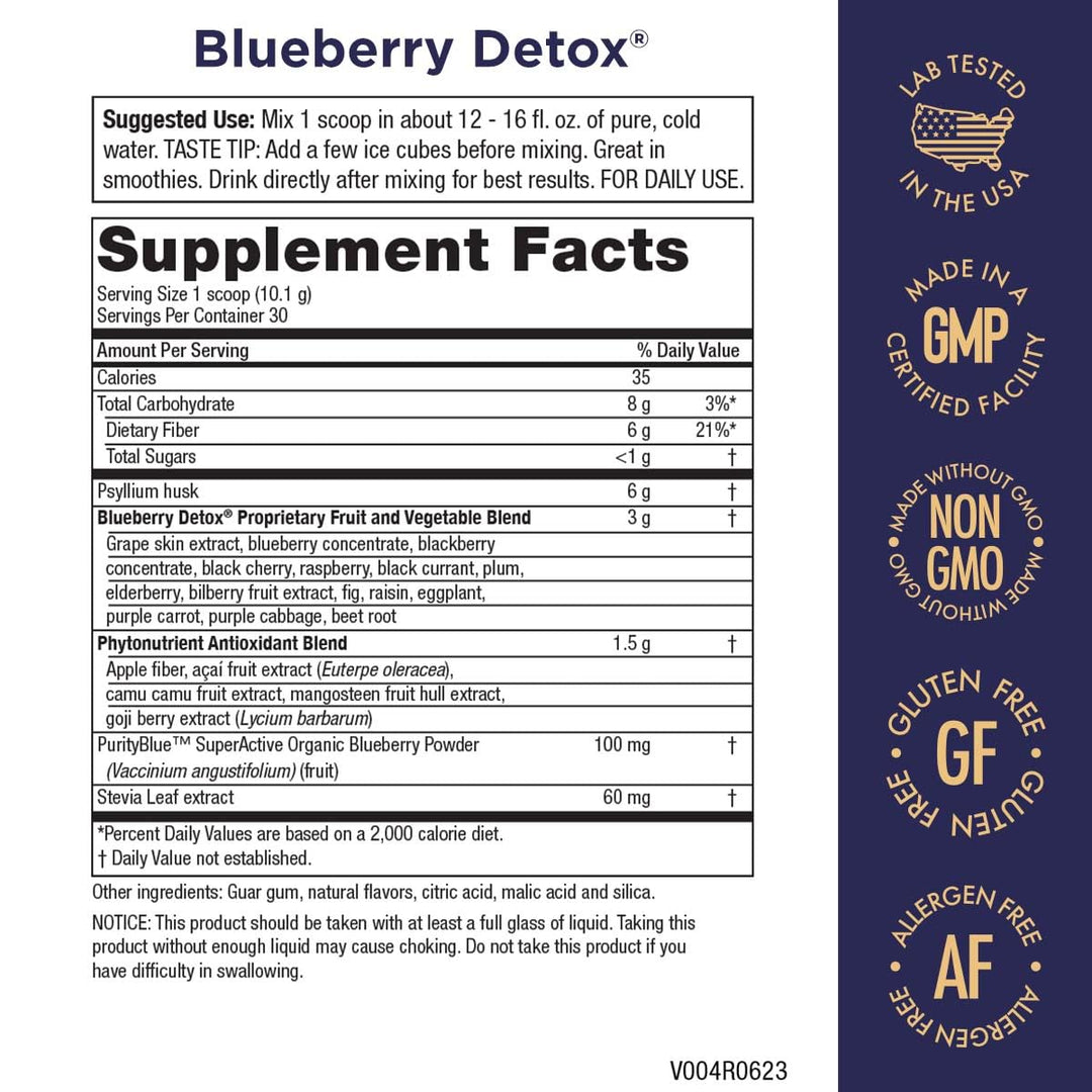 Advanced Blueberry Detox Daily Fiber Formula Featuring PurityBlue Organic Wild Blueberries - A Full 6 Grams of Detoxifying, Regularity Promoting Prebiotic Fiber - 30 Servings