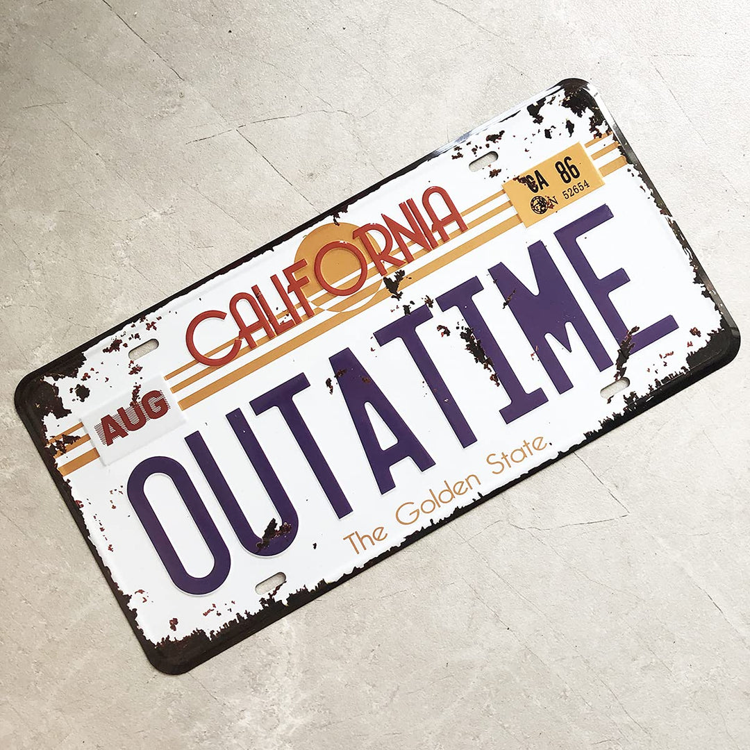 Outatime Back to The Future License Plate Memorabilia, Embossed License Plate Replica, Delorean Movie Prop Metal Stamped Vanity Number Tag, 12x6 inch