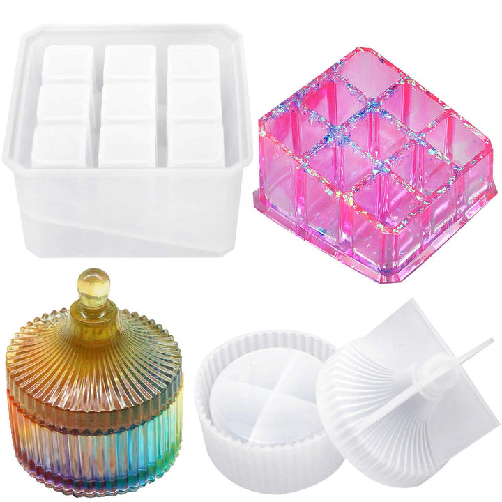 Box Resin Molds, Silicone Jewelry Box Molds with 9-Slot Epoxy Resin Molds, Round Trinket Box Molds for Making Resin Box
