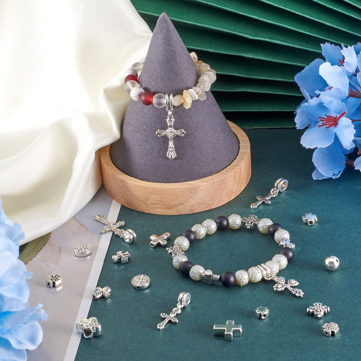 Pandahall 70pcs/Box 16 Styles Antique Silver Holy Cross Beads Tibetan Style Metal Spacer Cross Charms Prayer Beads for Rosary Bracelet Jewelry Making Supplies