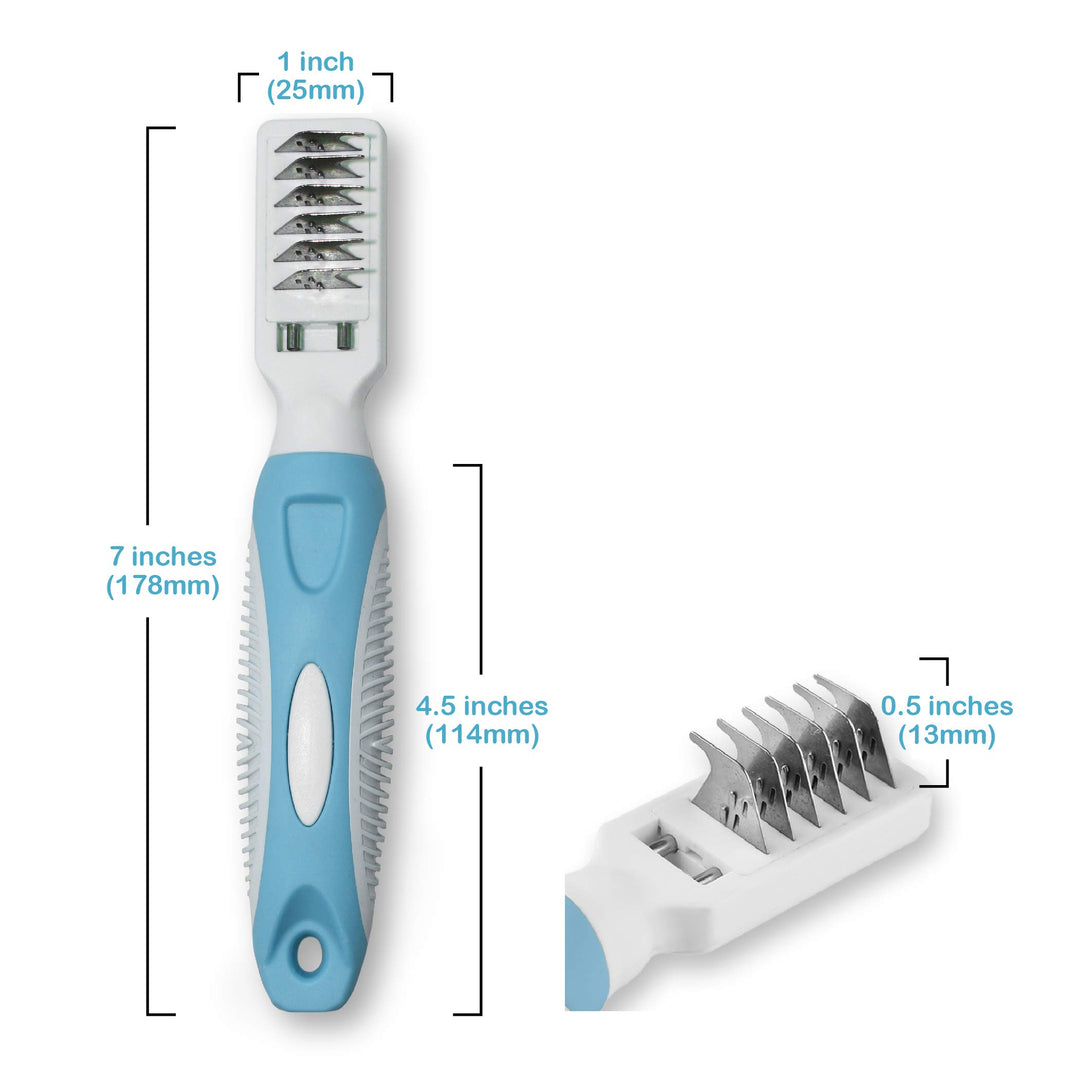 Professional Pet Mat Remover - Dematting Tool for Grooming Cats & Dogs - Removes Matted Fur, Tangles, Knots, Loose Hair & Dirt - Stainless Steel, Gentle Teeth, Soft Comfort Grip Handle,Blue