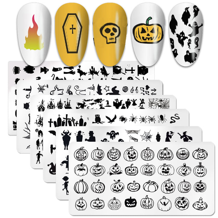 6pcs Nail Stamping Plate Halloween Pumpkin Bats Flame Nail Stamp Nail Stencils Stamping Plates For Nails DIY Nail Accessories