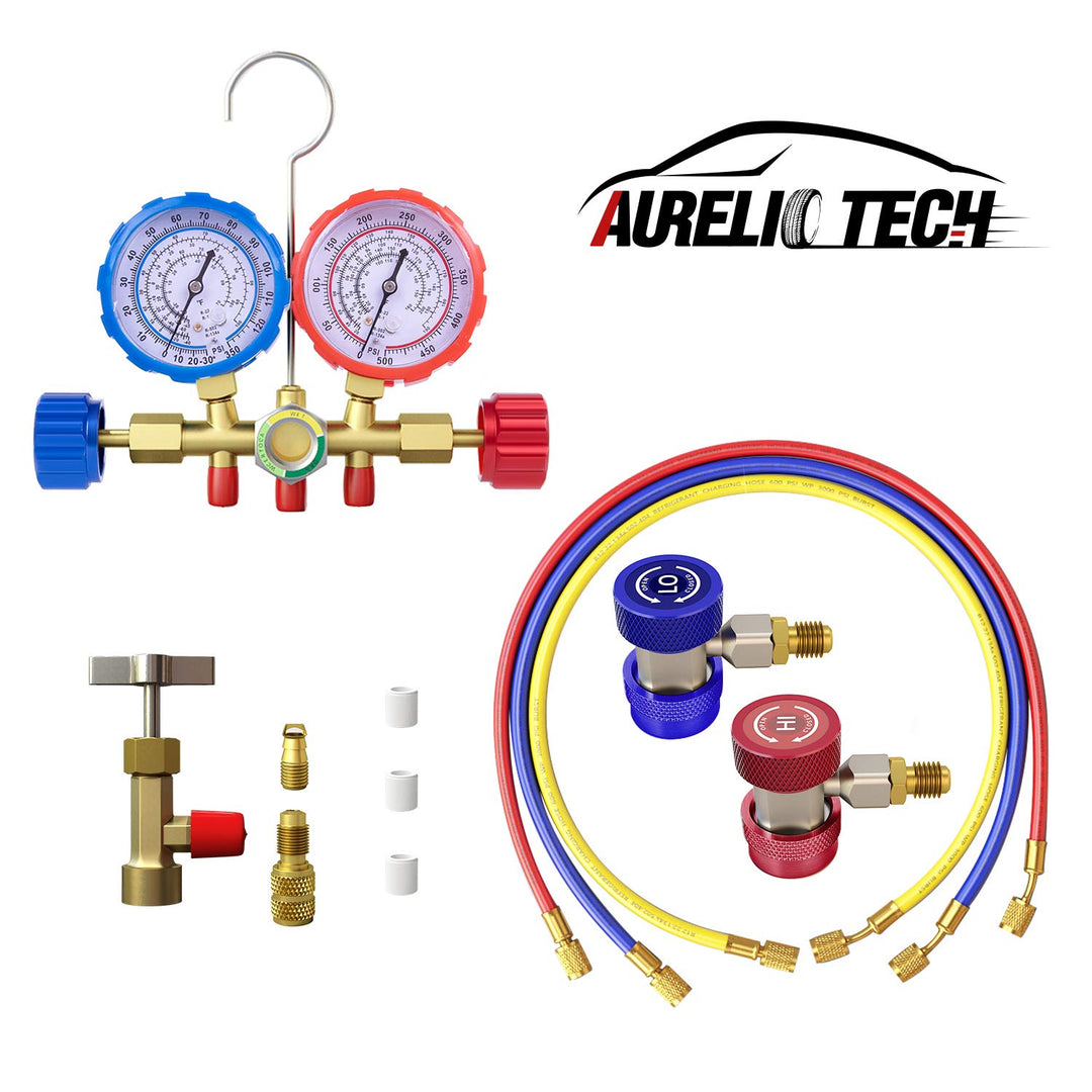 3 Way AC Manifold Gauge Set, Fits for R134A R12 R22 and R502 Refrigerants, with 5FT Hose, Acme Tank Adapters, Quick Couplers and Can Tap