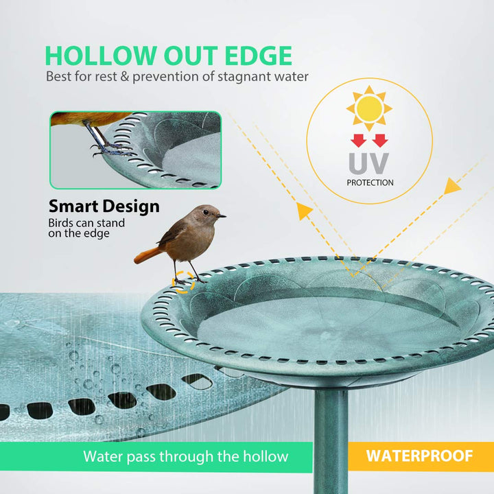 28 Inch Height Polyresin Lightweight Antique Outdoor Garden Bird Bath Green