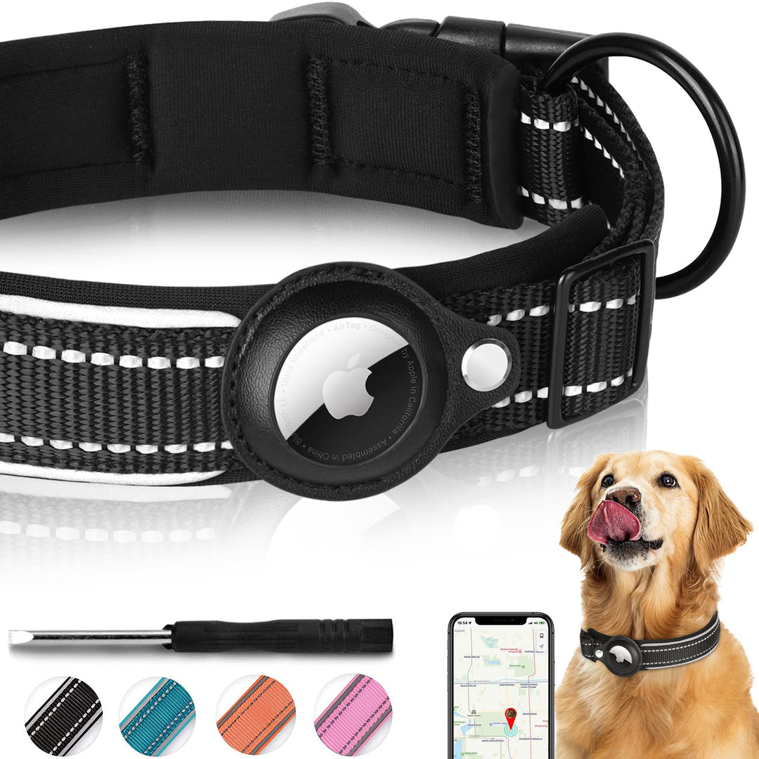 Reflective AirTag Dog Collar,Padded Apple Air Tag Dog Collar, Heavy Duty Dog Collar with AirTag Holder Case, Adjustable Air Tag Accessories Pet Collar for Small Medium Large Dogs (M(15''-18''))