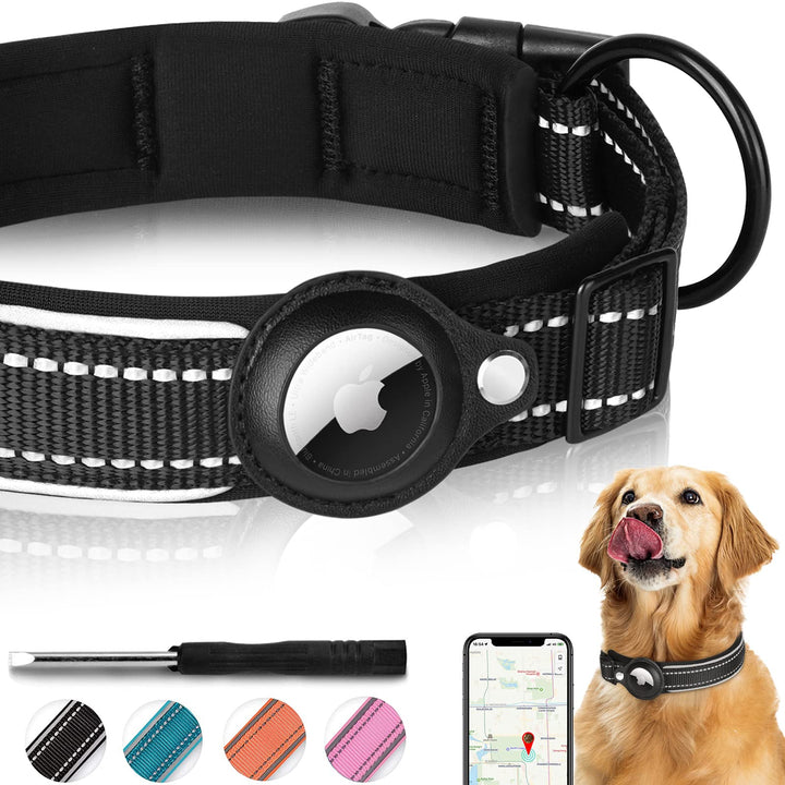Reflective AirTag Dog Collar,Padded Apple Air Tag Dog Collar, Heavy Duty Dog Collar with AirTag Holder Case, Adjustable Air Tag Accessories Pet Collar for Small Medium Large Dogs (M(15''-18''))