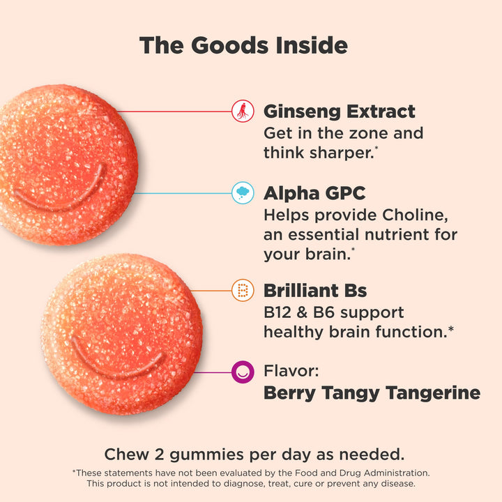 Laser Focus Gummy, Ginseng, Alpha GPC, B Vitamins, Berry Tangerine Flavor - 36 Count