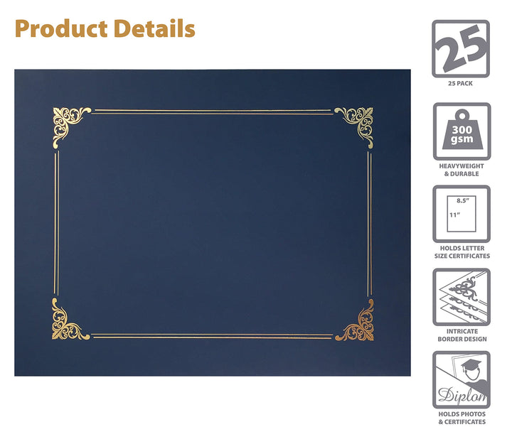 25 Pack Navy Blue Certificate Holders, Diploma Holders, Document Covers with Gold Foil Border, for Letter Size Paper, 25 Count, Blue