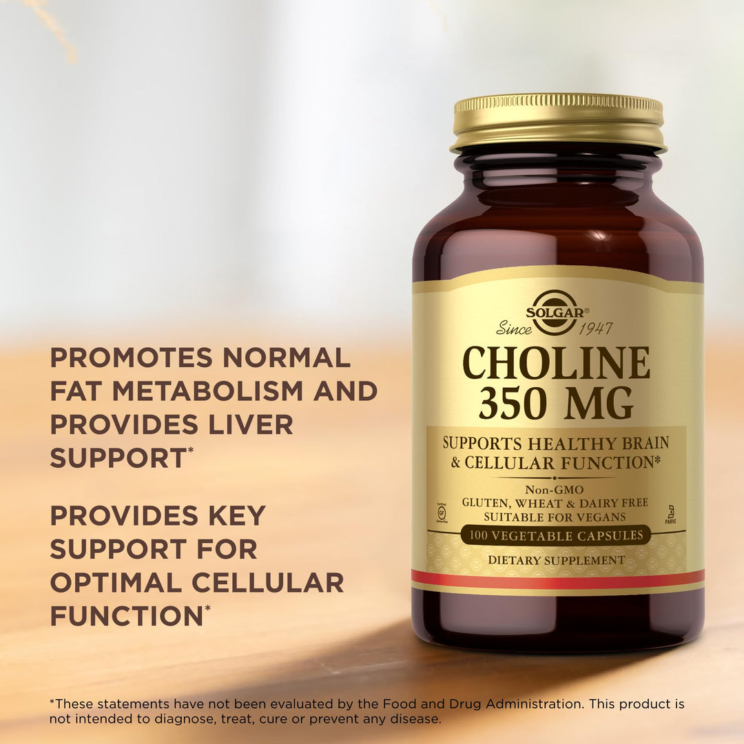 Choline 350 mg - 100 Vegetable Capsules - Non-GMO, Vegan, Kosher - 100 Servings