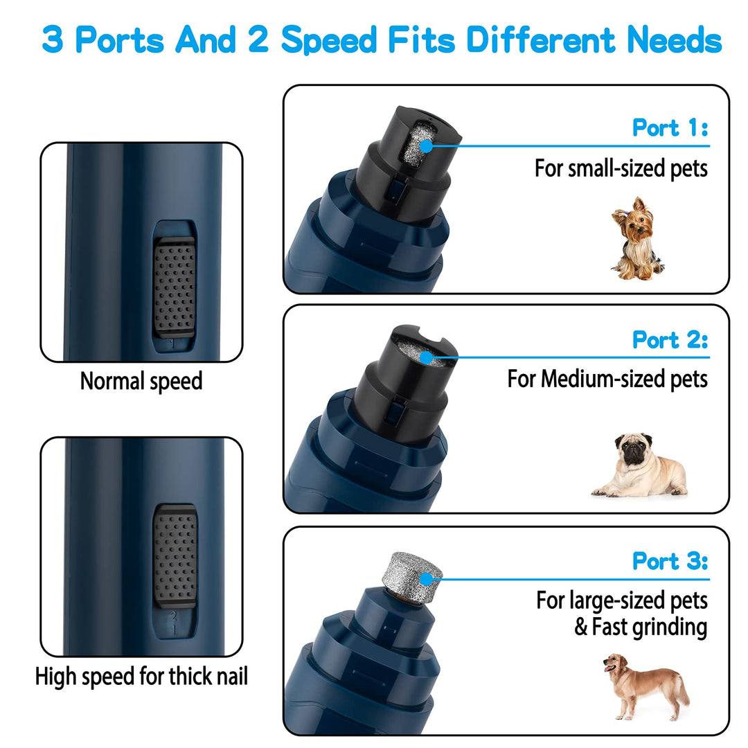 Dog Nail Grinder Upgraded - Professional 2-Speed Electric Rechargeable Pet Nail Trimmer Painless Paws Grooming & Smoothing for Small Medium Large Dogs & Cats (Dark Blue)
