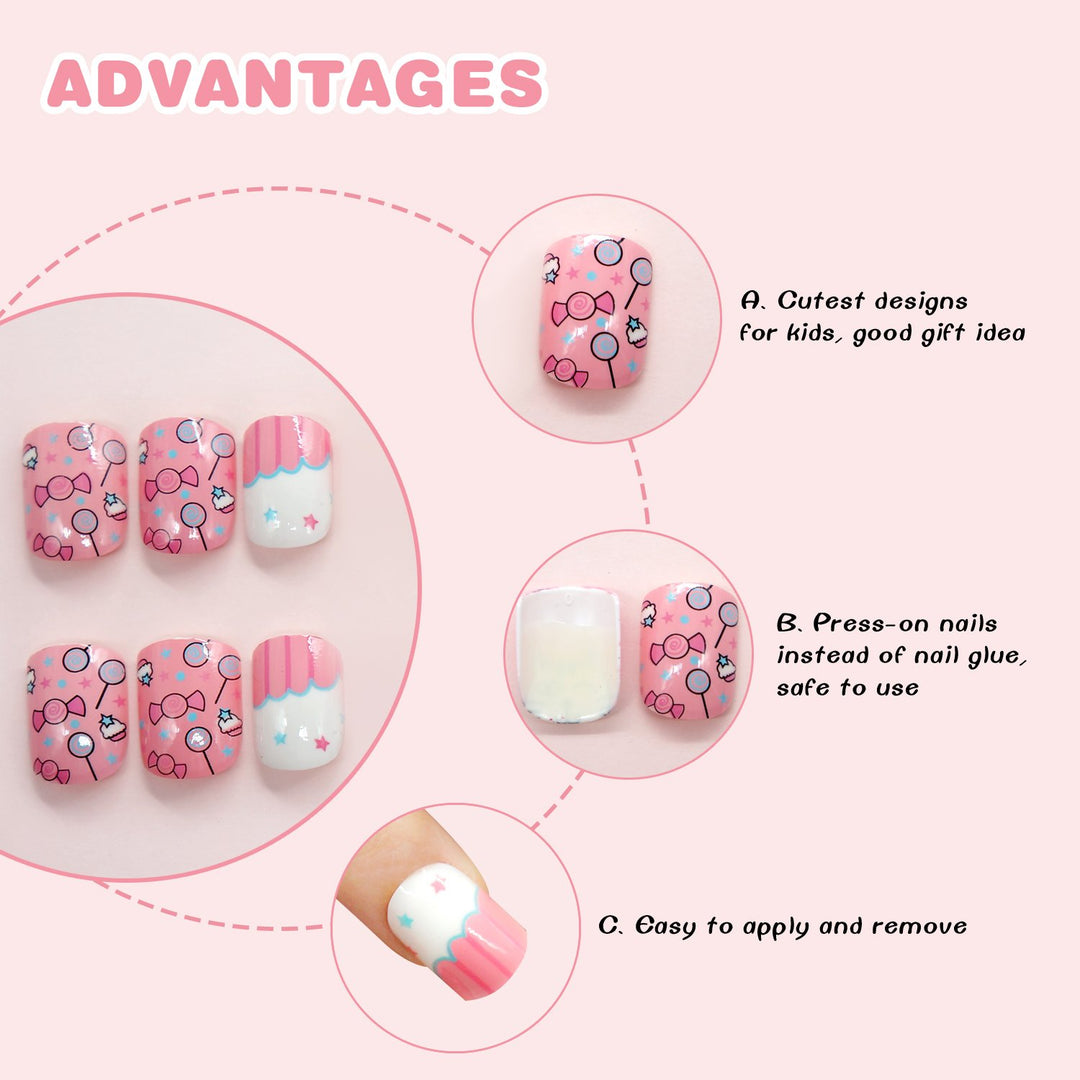 False Nails for Girls 24 Pcs Press On Kids Fake Nails Tips Candy Pattern