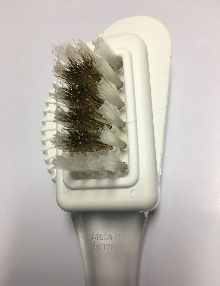 Pedag Suede Shoe Cleaner Brush | German Made 4-Way Cleaning & Refreshing Brush for Suede Leather Products with Brass & Nylon Bristles | Nylon and Metal