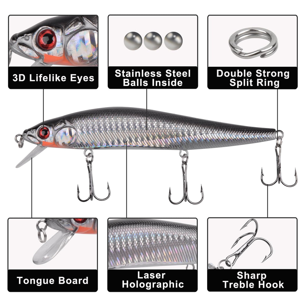 Saltwater Fishing Lures Kit Surf Fishing Striped Bass Lures Hard Bait Minnow Lures Jerkbait Topwater Crankbaits Popper Plugs Offshore Ocean Fishing Lures Tackle