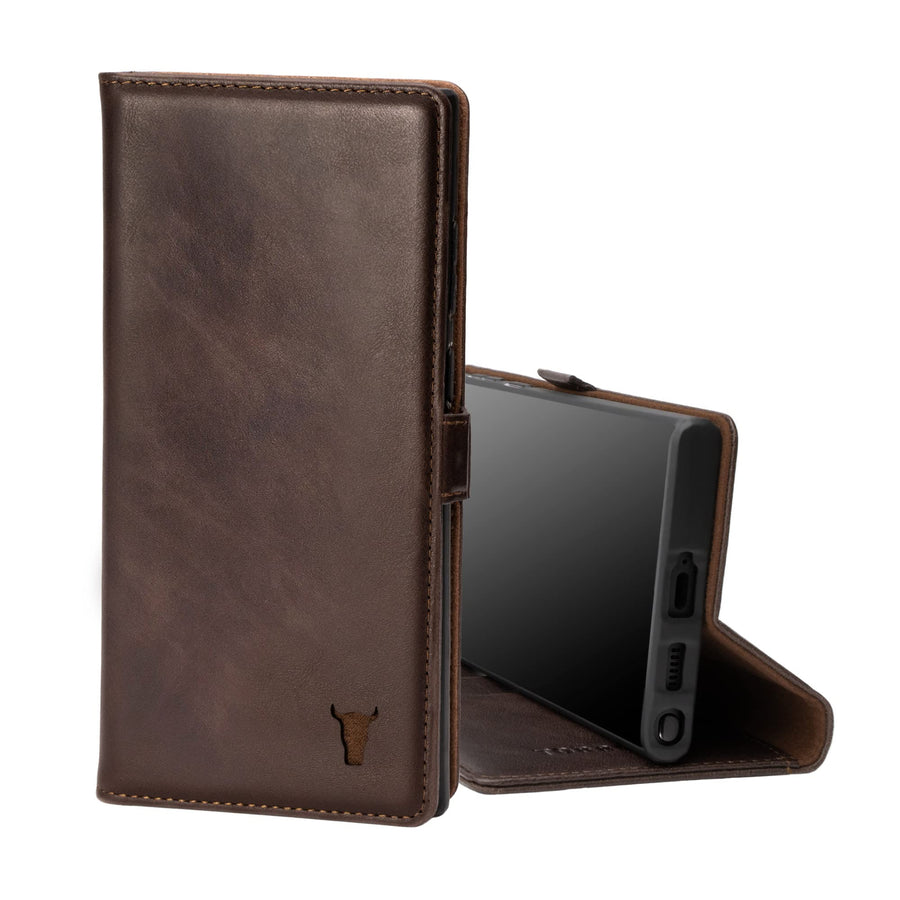 Case Compatible with Samsung Galaxy S22 Ultra 5G – Premium Leather Wallet Case with Kickstand and Card Slots (Dark Brown)