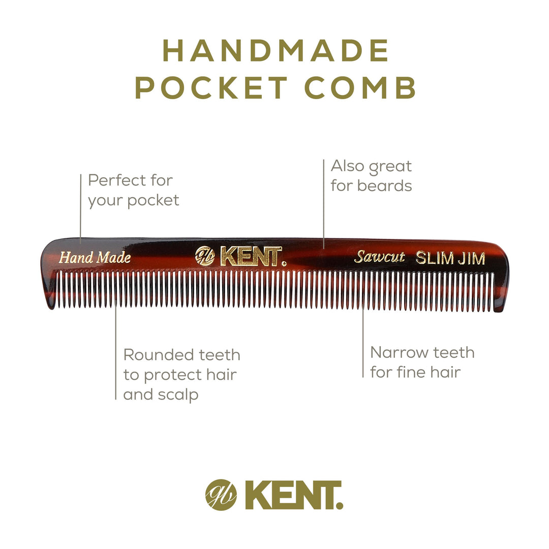 Kent Slim Jim Handmade All Fine Tooth Pocket Comb for Men, Hair Comb Straightener for Everyday Grooming Styling Hair, Mustache and Beard, Use Dry or with Balms, Saw Cut Hand Polished, Made in England