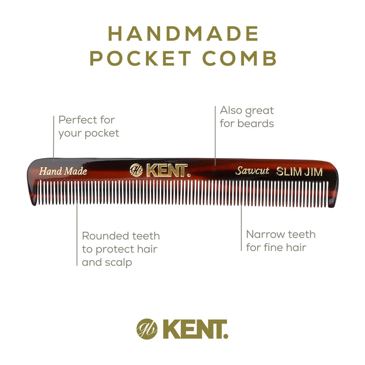 Kent Slim Jim Handmade All Fine Tooth Pocket Comb for Men, Hair Comb Straightener for Everyday Grooming Styling Hair, Mustache and Beard, Use Dry or with Balms, Saw Cut Hand Polished, Made in England