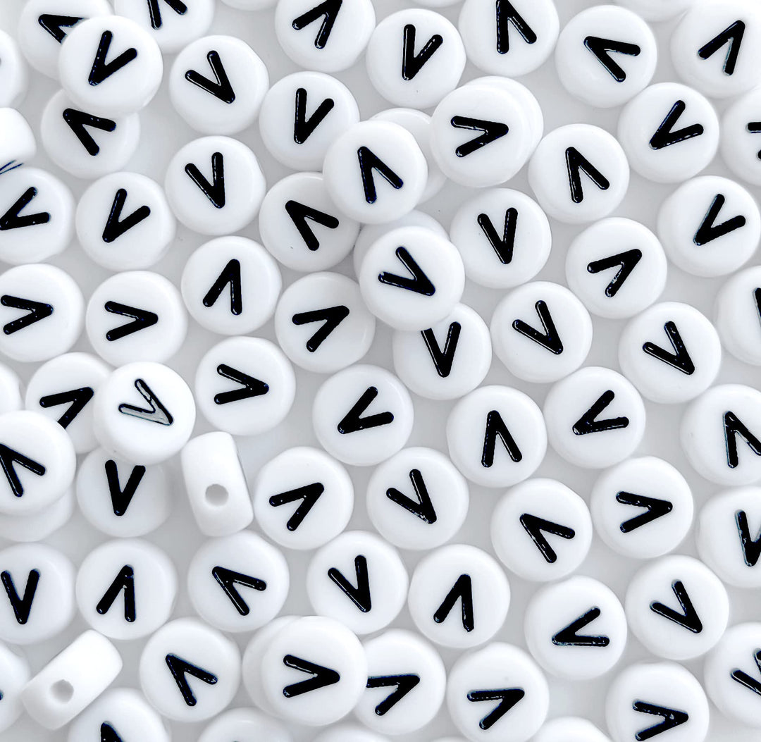 100PCS Letter Beads White Round Acrylic Alphabet Beads Letter V Beads for Jewelry Making Bracelets Necklaces Key Chains DIY 4X7mm