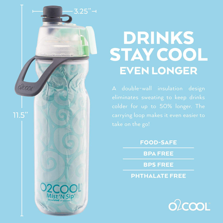 Mist 'N Sip Misting Water Bottle 2-in-1 Mist And Sip Function With No Leak Pull Top Spout Sports Water Bottle Reusable Water Bottle - 20 oz (Yoga Mint)