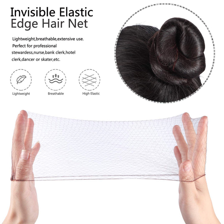 Hair Nets Invisible Elastic Edge Mesh and U Shaped Pins Set, 50 Pieces 50cm Individual Package Invisible Hair Nets, 40 Pieces U Shaped Pins for Women Bun (Light Linen)
