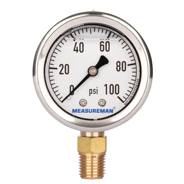 2 Dial Size, Glycerin Filled Plumbing Pressure Gauge, 0-100psi, Black Steel Case, 1/4 NPT Lower Mount