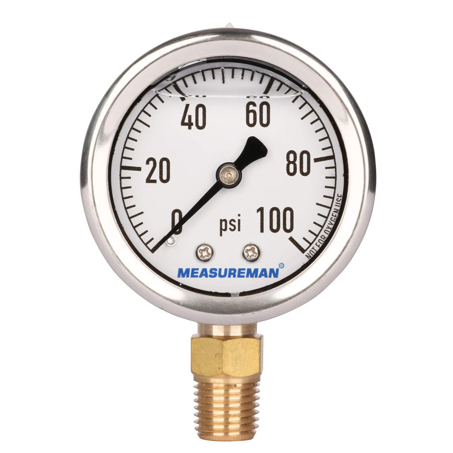 2 Dial Size, Glycerin Filled Plumbing Pressure Gauge, 0-100psi, Black Steel Case, 1/4 NPT Lower Mount