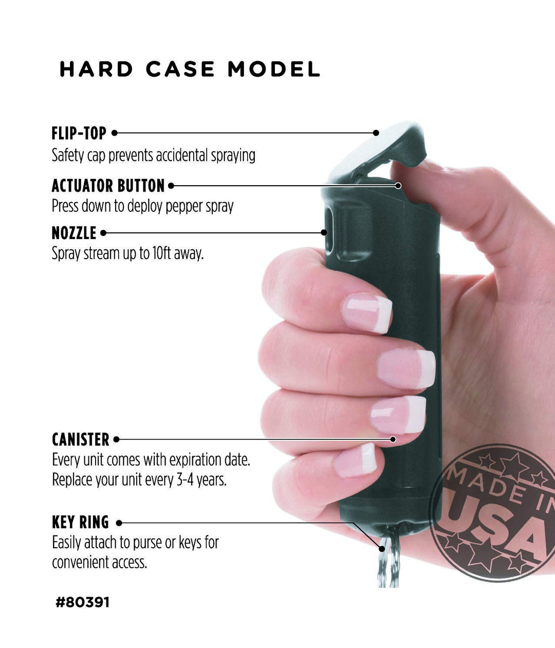 Brand Maximum Strength Pepper Spray with KeyGuard Hard Case (Black) – Accurate 10’ Powerful Pepper Spray, Flip Top Safety Cap, Leaves UV Dye on Skin – Great for Self-Defense, 11 Gram, (80391)