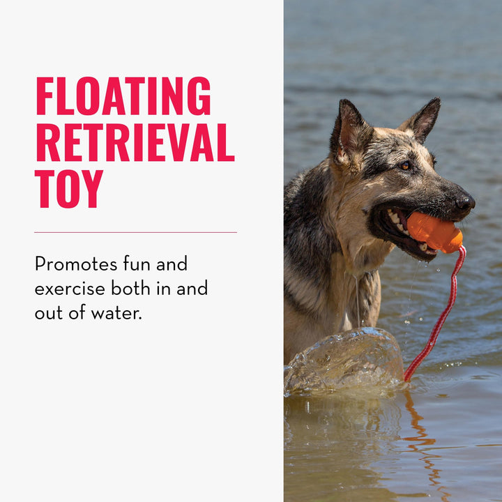 Aqua Floating Fetch Toy - Dog Floating Toy for Water Retrieval, Play, Exercise & More - Natural Rubber Dog Toy with Foam Interior & Rope for Farther Throwing - Orange, for Medium Dogs
